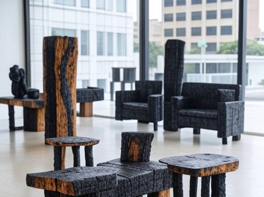 Exposição de arte funcional feita de madeira queimada de incêndio, em galeria brasileira.
