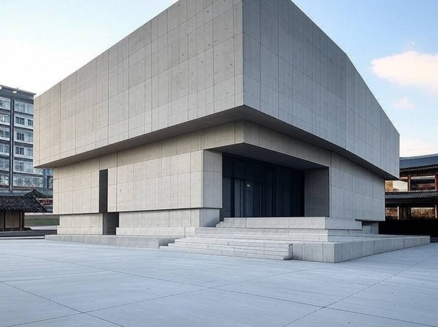 Restaurante monumental de concreto projetado por Pezo von Ellrichshausen na Coreia do Sul.