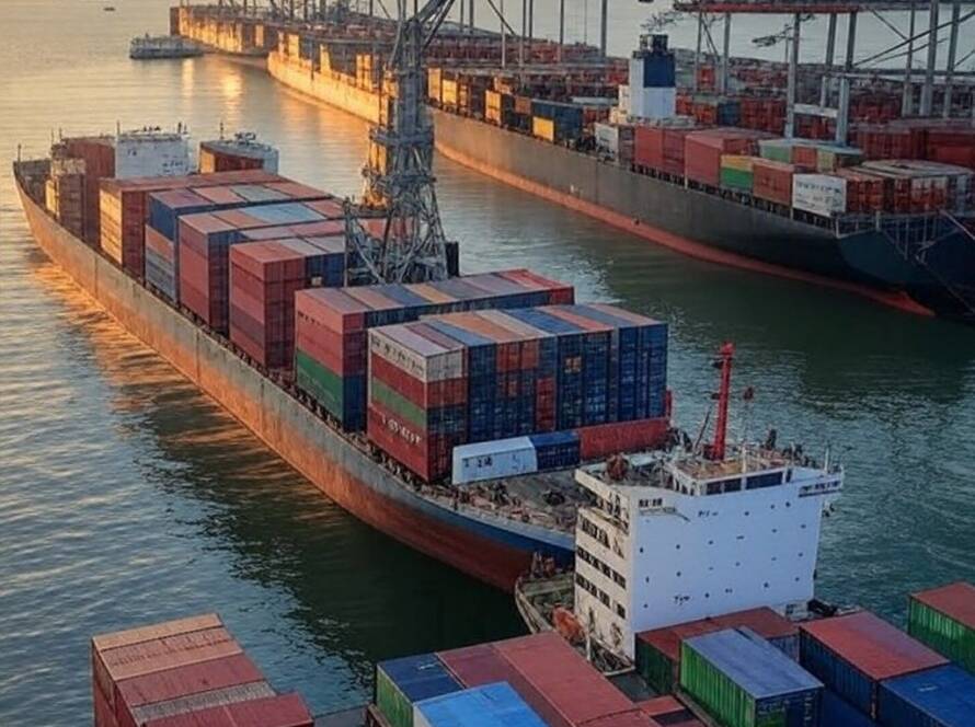 Navios de carga em porto brasileiro, ilustrando rotina de transporte marítimo e série fotográfica Counting Ships.