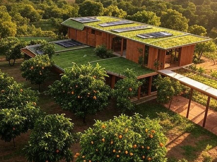 Estrutura arquitetônica inovadora integrada a agrofloresta em paisagem rural brasileira.