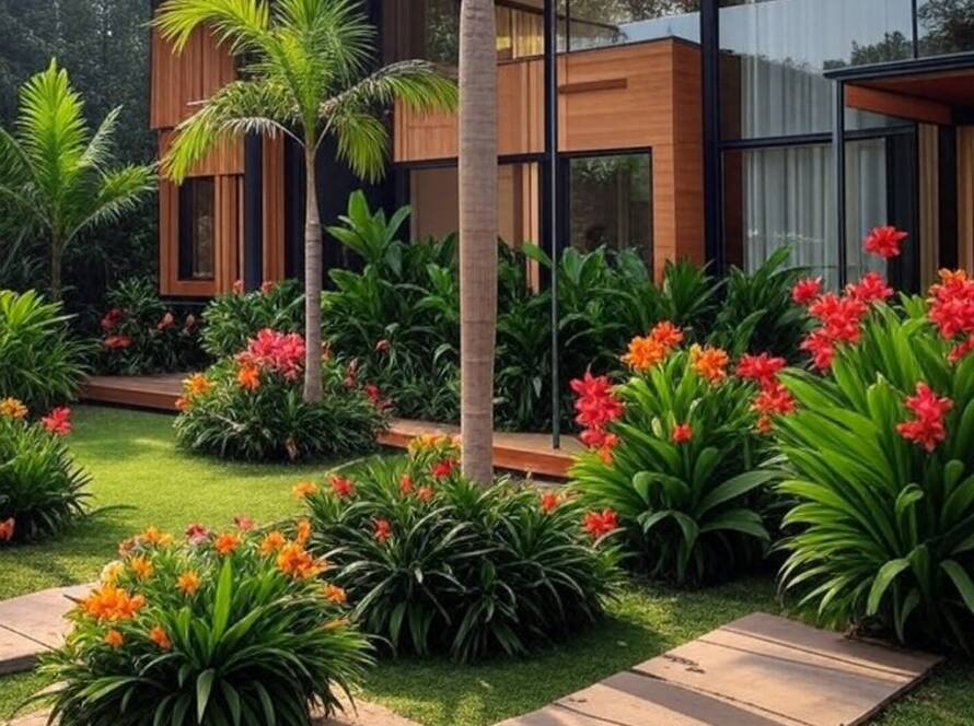 Casa residencial inovadora com jardim central em região tropical do Brasil, destacando arquitetura sustentável e integração com a natureza.