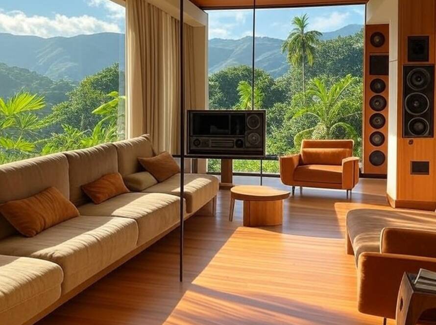 Sala de estar em casa inteligente brasileira com sistemas de som para bem-estar, destacando tecnologia integrada e ambiente sereno.