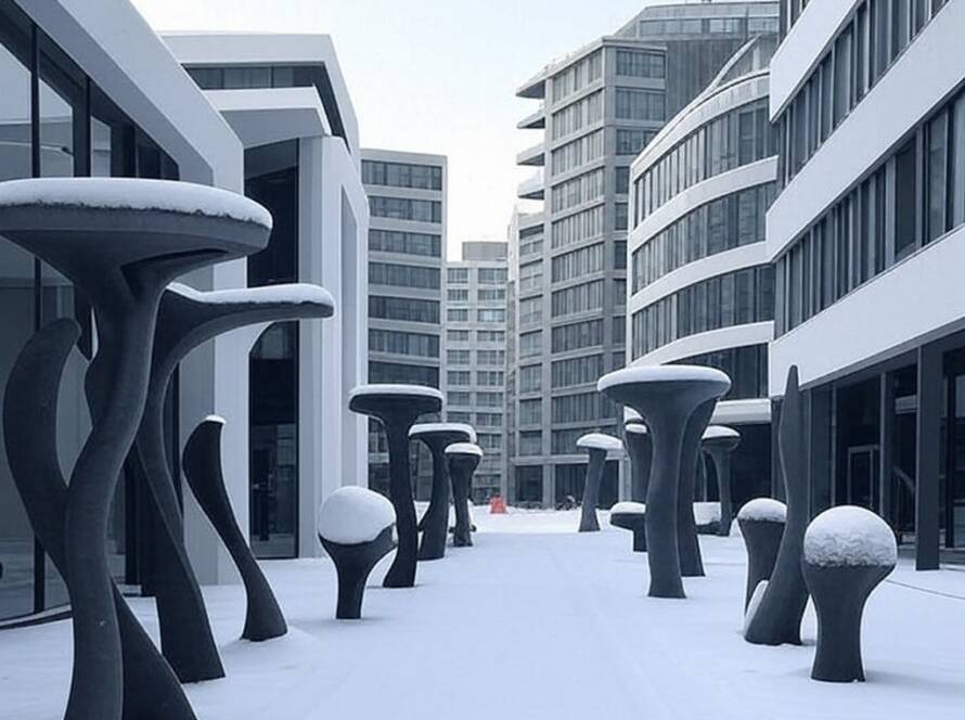 Rua no sul do Brasil sob nevasca recorde com instalações de design inovador, destacando inovação e comunidade no DesignTO.