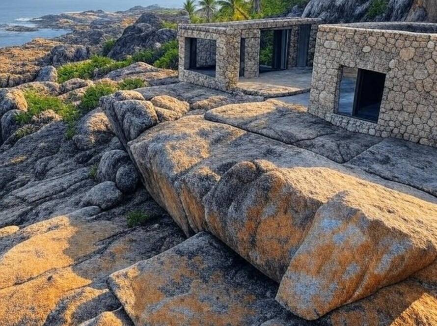 Casa de verão integrada como ruína à paisagem costeira brasileira, com vista para o mar Atlântico.