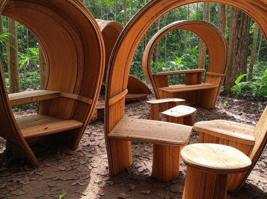 Instalação de eco-design sustentável na Floresta Amazônica, representando evolução do design ecológico inspirado na natureza.