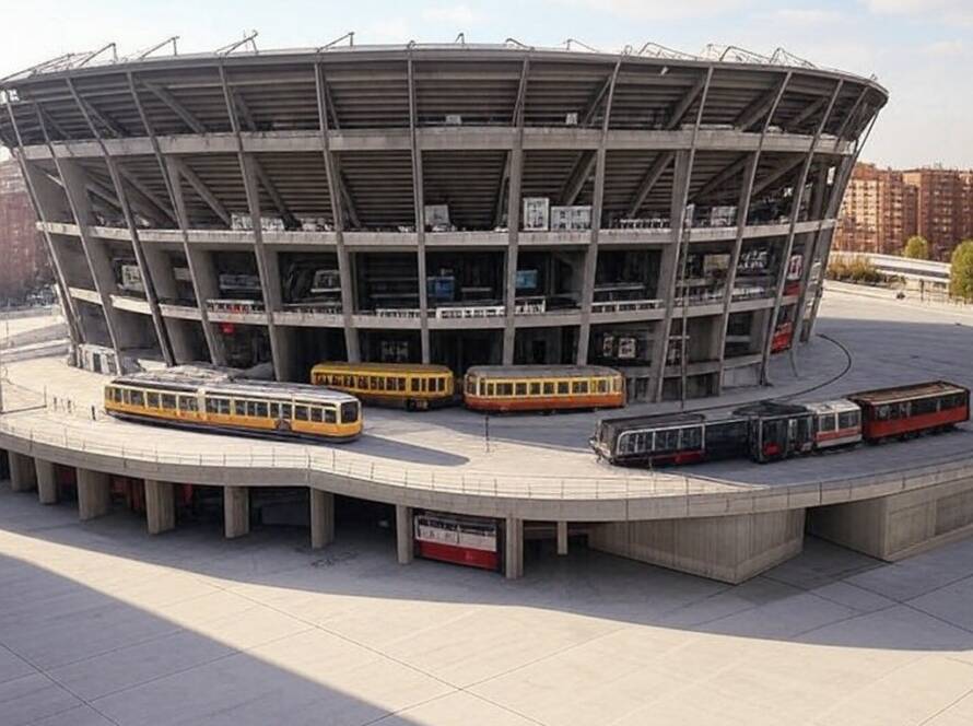 Antigo estádio Vicente Calderón em transformação para museu do transporte público de Madri, com veículos antigos exibidos.