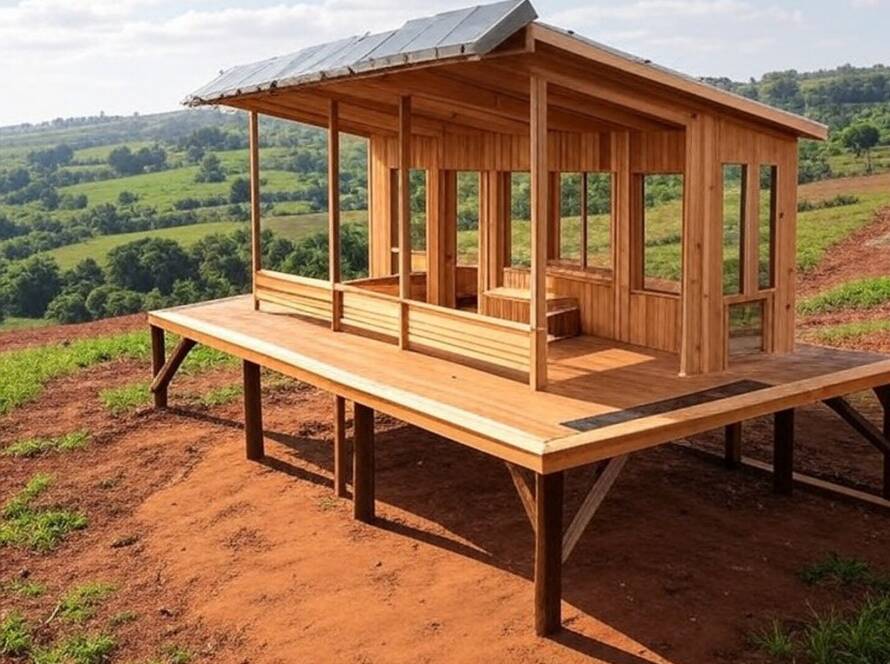 Pavilhão net-zero de madeira em fazenda sustentável no Brasil, com painéis solares e estrutura ecológica.