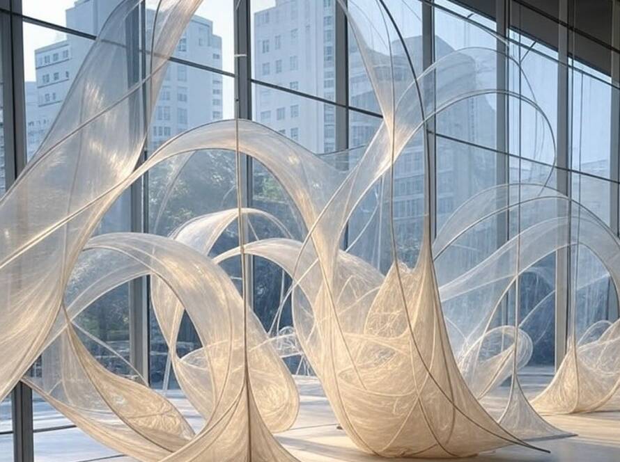 Instalação inovadora de design em bienal de arte contemporânea no Brasil, com estruturas abstratas e etéreas.