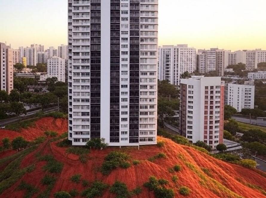 Torre residencial moderna em colinas vermelhas, proposta arquitetônica em cenário urbano brasileiro.