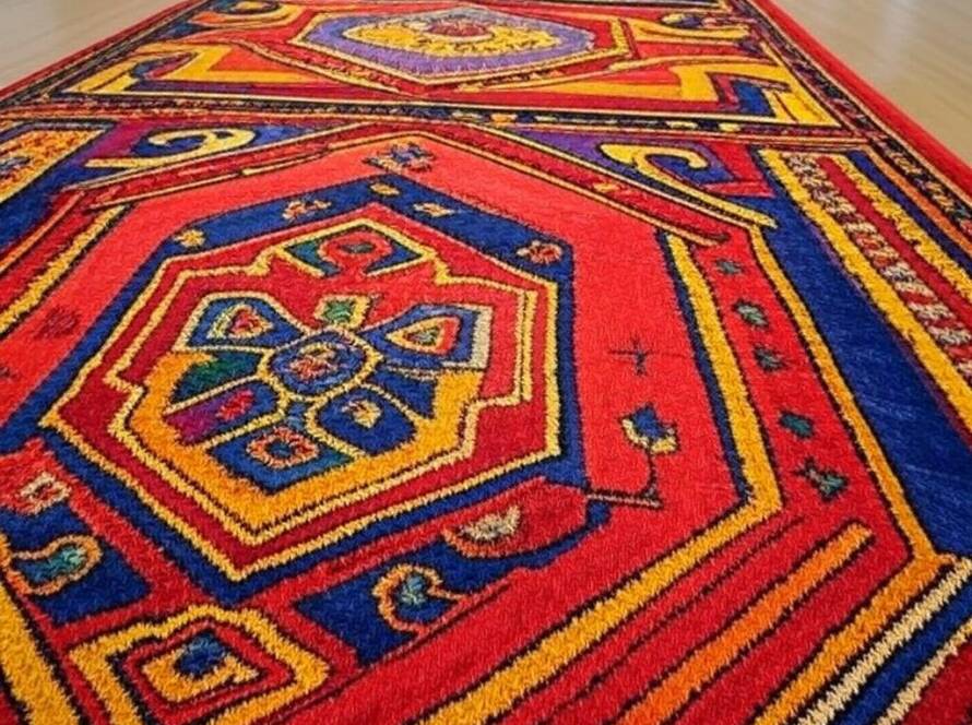 Tapete icônico de Balkrishna Doshi relançado pela Jaipur Rugs, exposto em galeria de arte moderna no Brasil, celebrando legado do arquiteto.