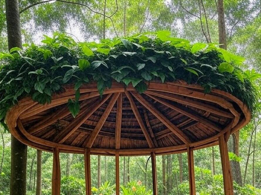 Pavilhão ecológico 'Sacred Nature' em floresta brasileira promovendo biodiversidade.