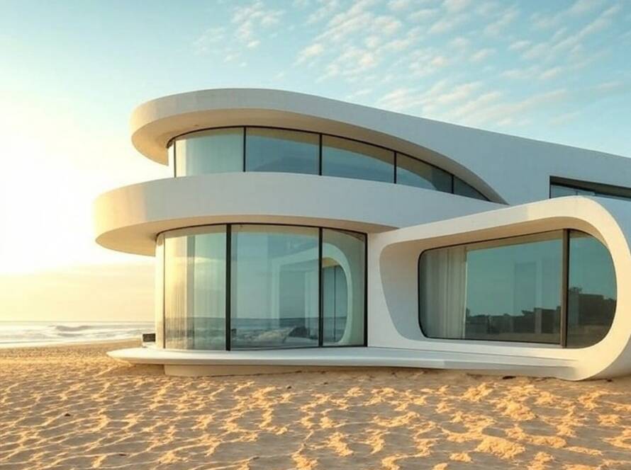 Residência Perla inspirada em onda quebrando na costa brasileira, arquitetura escultural moderna.