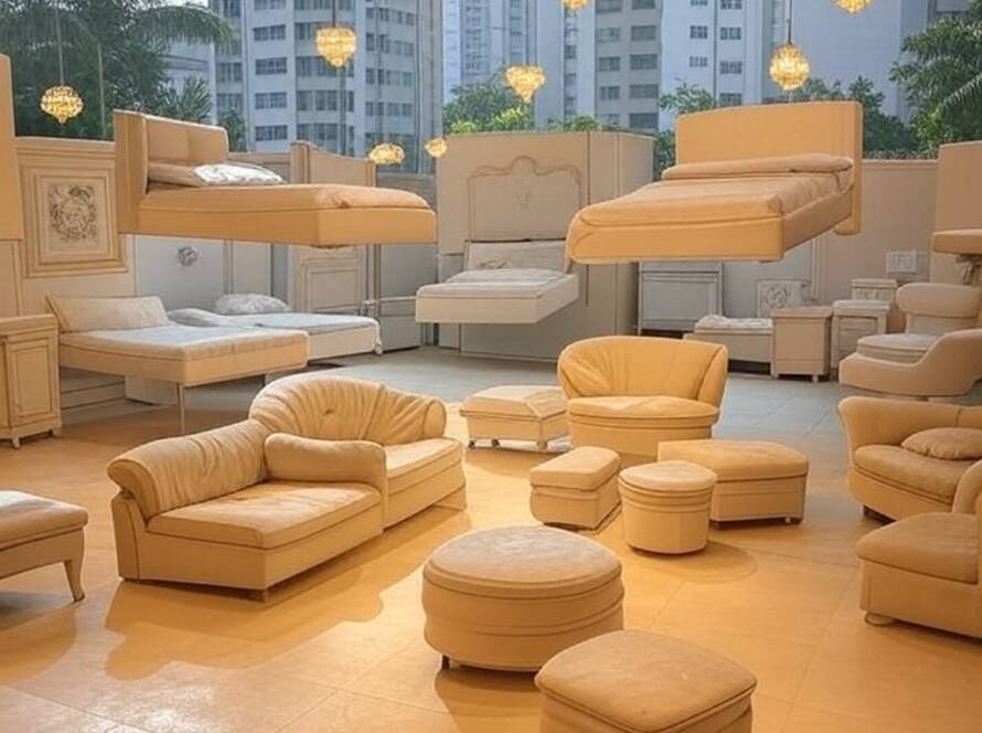 Galeria de arte em São Paulo com instalações surrealistas de hotel antigo, elementos distorcidos e flutuantes.