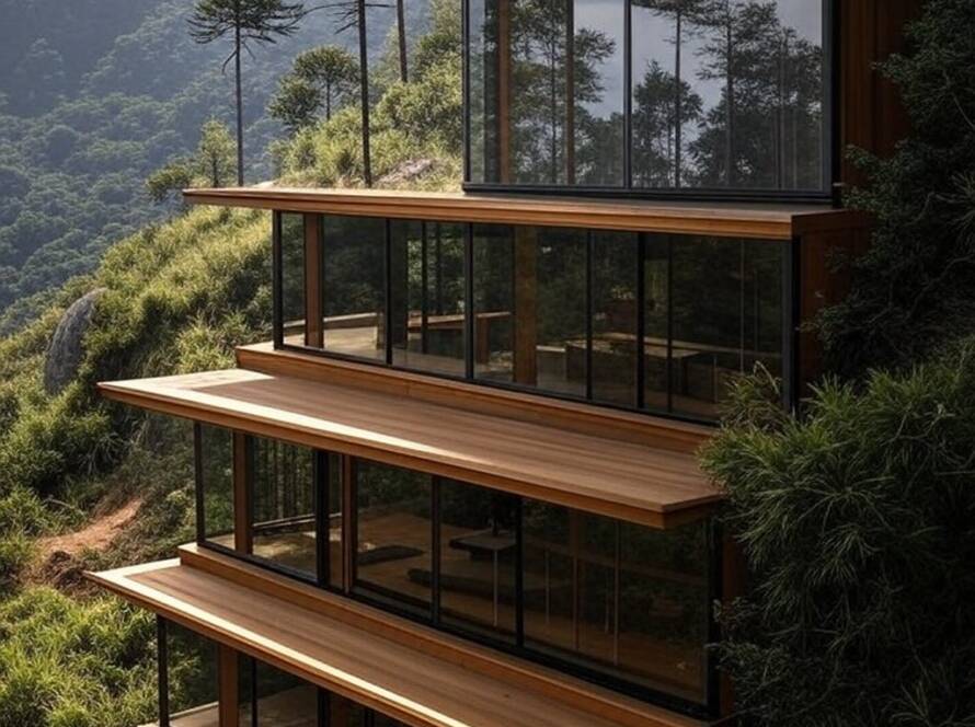 Cabine escalonada moderna em encosta florestada na serra brasileira, estilo arquitetônico contemporâneo.