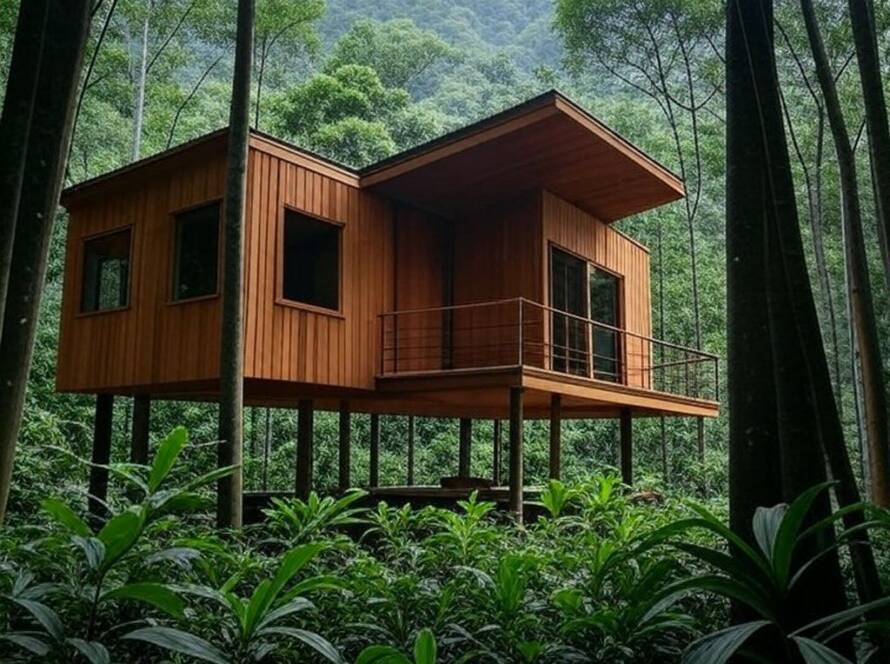 Residência de madeira elevada em floresta serrana no Brasil, arquitetura sustentável de Alventosa Morell.