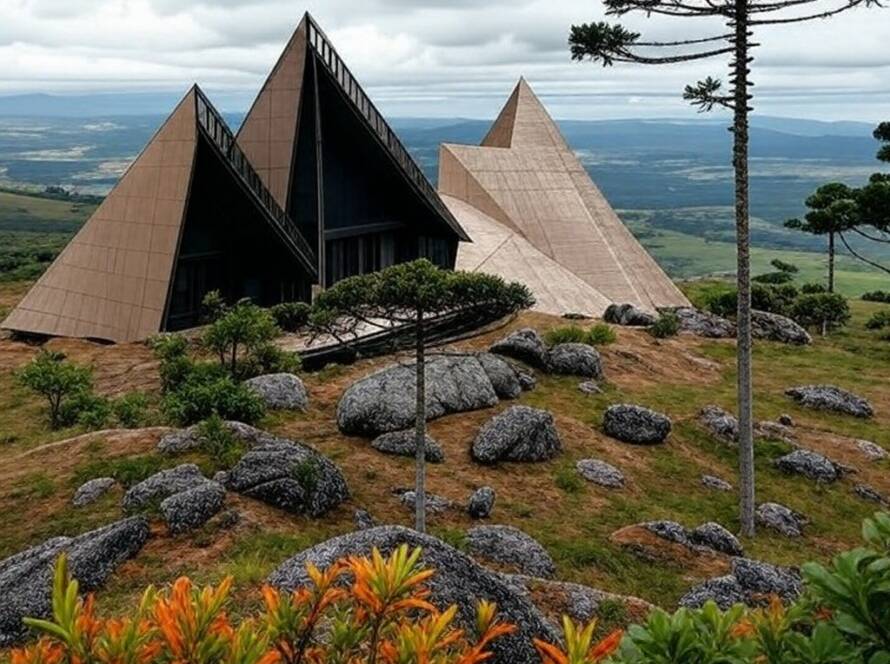 Estrutura arquitetônica moderna inspirada em picos tiroleses na serra brasileira, proposta de museu depot.