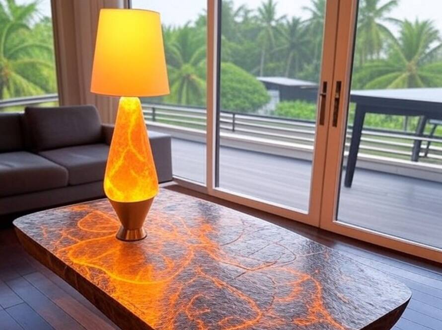 Mesa de design e lâmpada da coleção Future Fossils em ambiente brasileiro moderno.