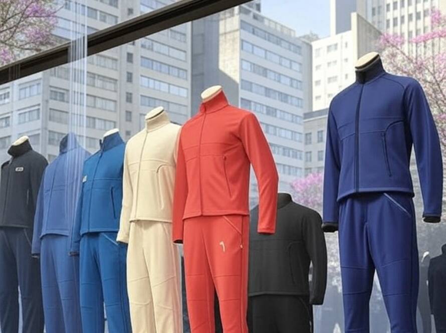 Uniformes de Olimpíadas de Inverno 2026 com designs de Armani e Ralph Lauren exibidos em vitrine em São Paulo.