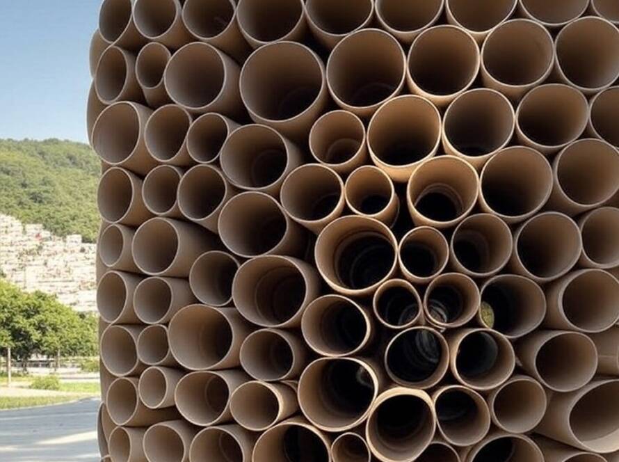 Estrutura arquitetônica sustentável de tubos de papelão em cenário urbano brasileiro, representando guia sobre Shigeru Ban.