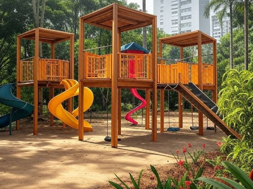 Pavilhão de playground redesenhado após incêndio em parque urbano brasileiro, com brinquedos modernos e vegetação tropical.
