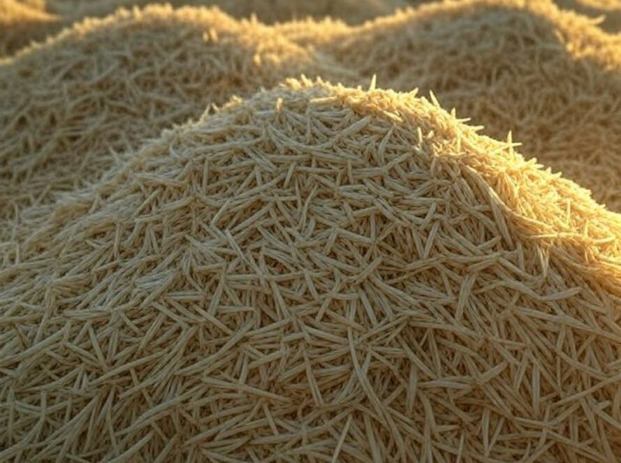 Material de construção sustentável feito de arroz descartado em plantação no Brasil.