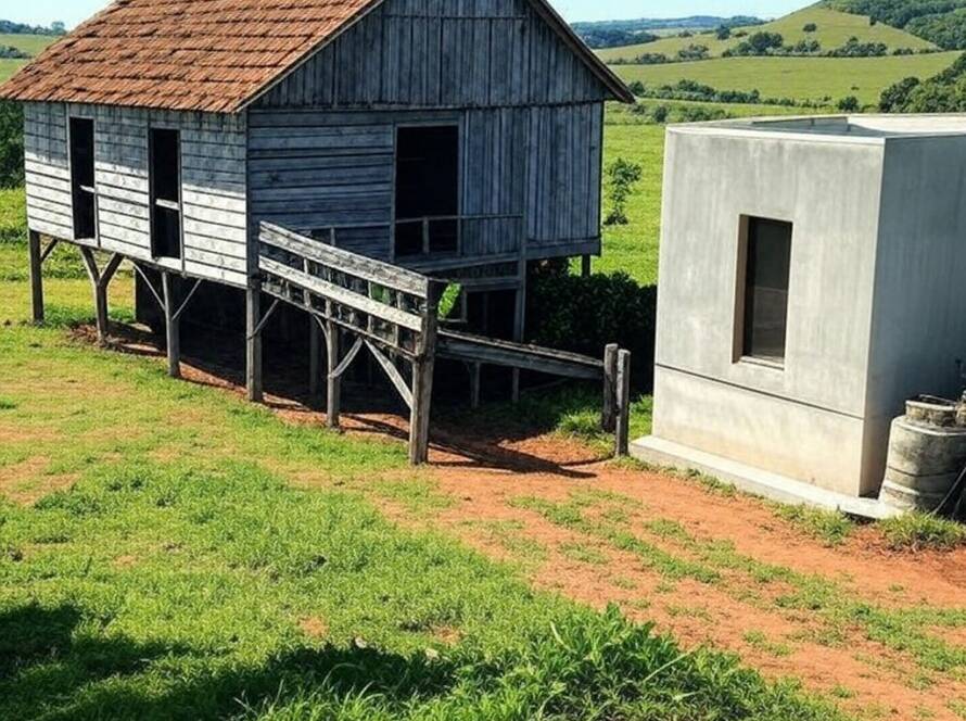 Fazenda histórica no Brasil renovada com extensão de concreto, contrastando arquitetura tradicional e moderna em paisagem rural.