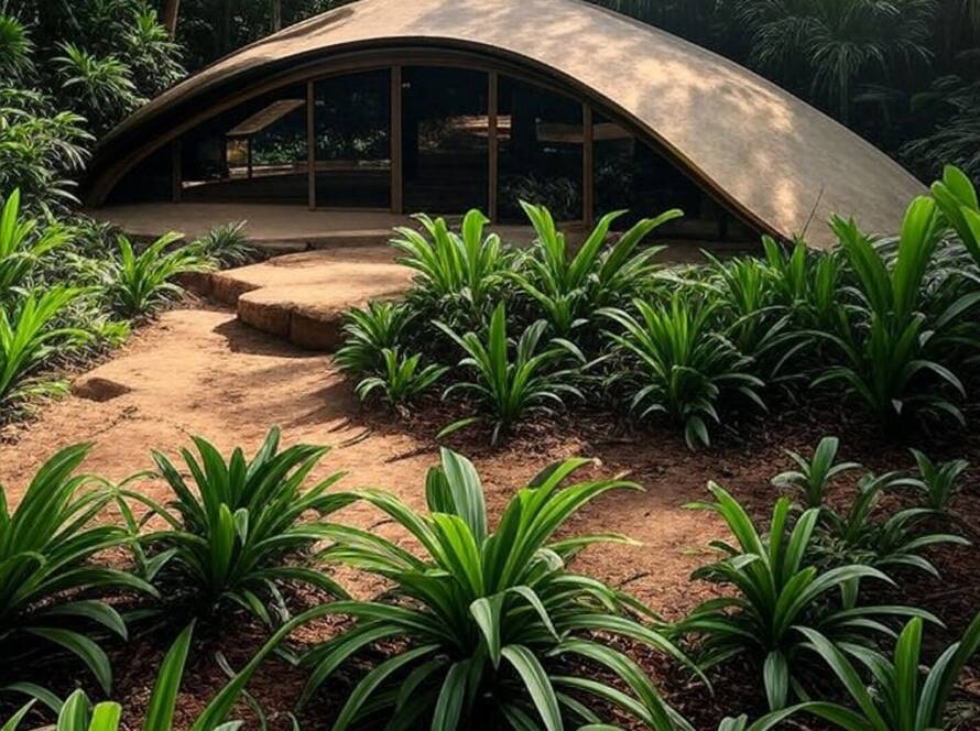 Pavilhão moderno House of Elements em zoológico, com design sustentável e elementos naturais, ambientado no Brasil.