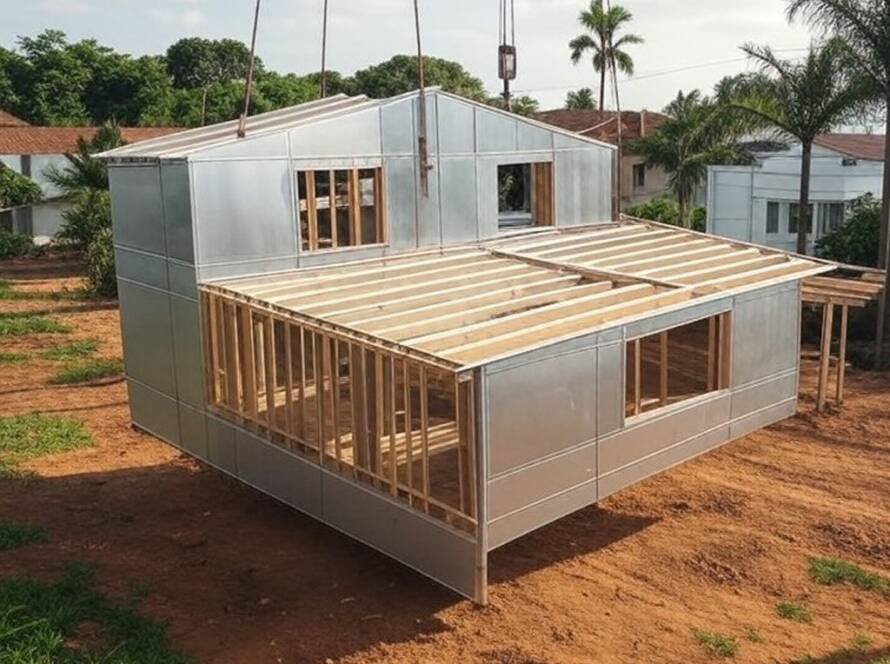 Casa pré-fabricada de 120 m² montada em 48 horas em terreno suburbano brasileiro, com estrutura modular e vegetação tropical.