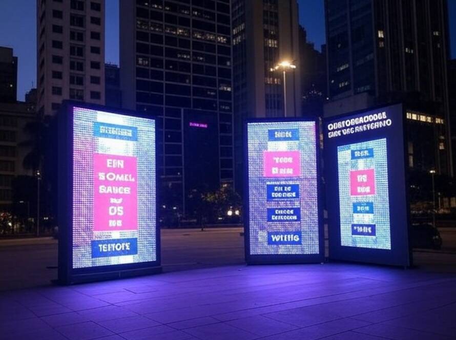 Instalação digital em praça de São Paulo com telas mostrando contagem regressiva de anúncios de TV favoritos da Grã-Bretanha.