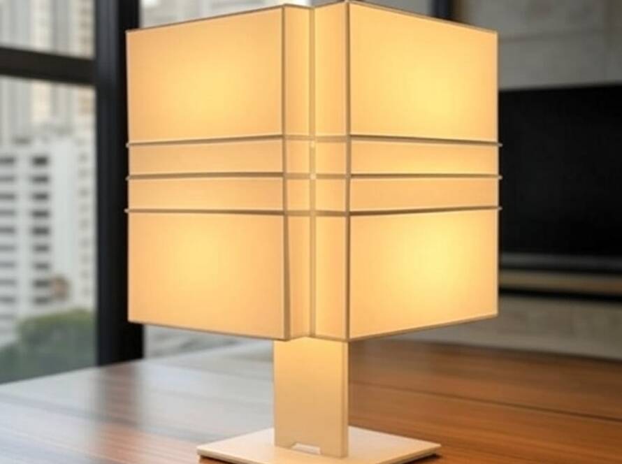 Lâmpada cubo dobrável interativa que vira escultura, em ambiente moderno brasileiro.