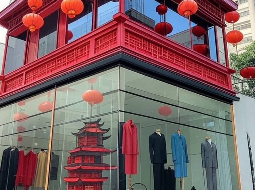 Fachada de loja de moda Wooyoungmi em bairro cosmopolita, fusionando Oriente e Ocidente.