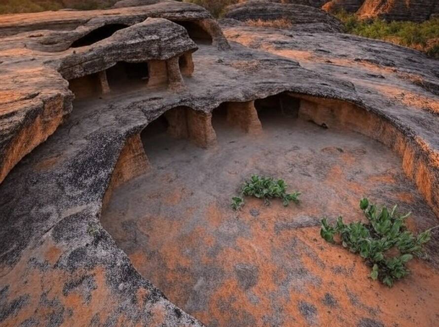 Moradias pré-históricas em rochas na Serra da Capivara, Piauí, Brasil, refletindo arquitetura antiga.
