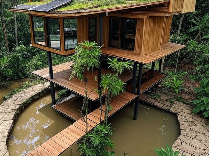 Residência elevada sustentável no Brasil, unindo inovação e meio ambiente em design moderno.