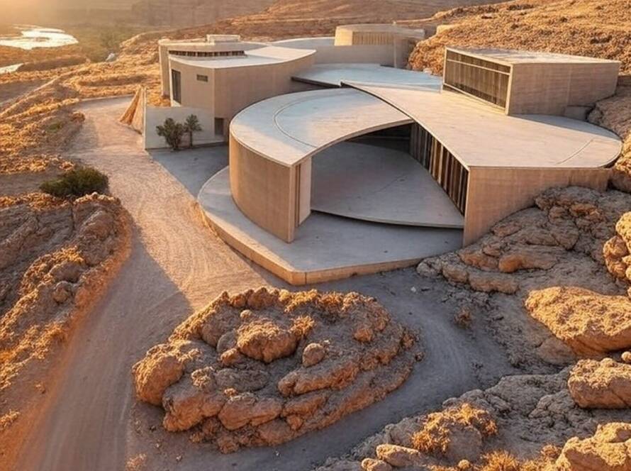 Projeto de museu moderno no sítio do batismo de Jesus na Jordânia, com arquitetura integrada ao deserto.