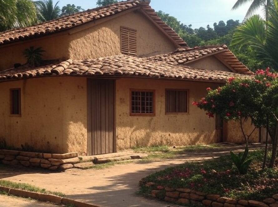 Casa antiga de 1967 transformada com volumes de argila para ceramistas, ambientada no Brasil.