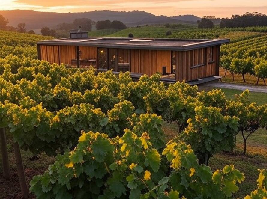 Edifício compacto moderno em vinhedo no Vale dos Vinhedos, Brasil, representando renascimento da viticultura.
