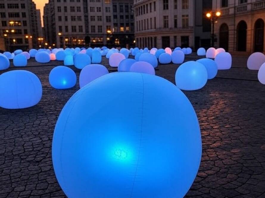 Praça em São Paulo transformada por pedras infláveis luminosas, estilo Iwagumi Air Scape.