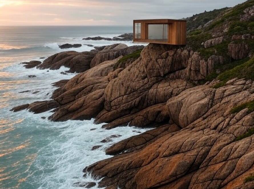 Residência suspensa sobre rochas na costa brasileira, inspirada em projeto arquitetônico inovador.