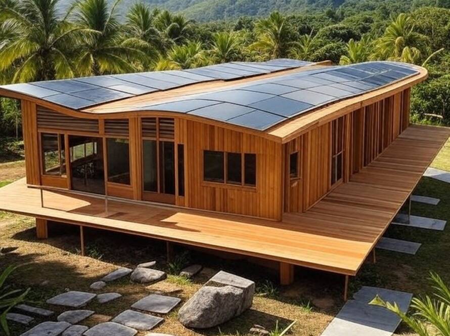 Creche sustentável com telhado ondulante em paisagem costeira brasileira, arquitetura ecológica e moderna.