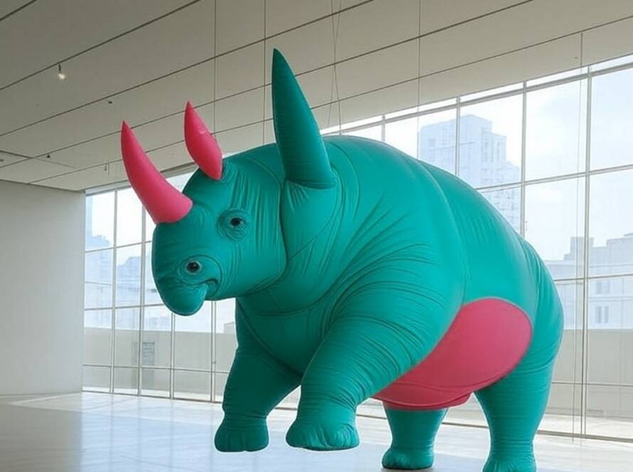 Instalação artística com rinoceronte inflável em museu brasileiro, representando obra de Itamar Gov no Kunstmuseum Magdeburg.