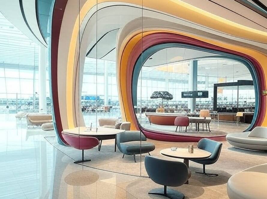 Loja e café inovadores de Louis Vuitton em aeroporto, com design moderno de Marc Fornes.