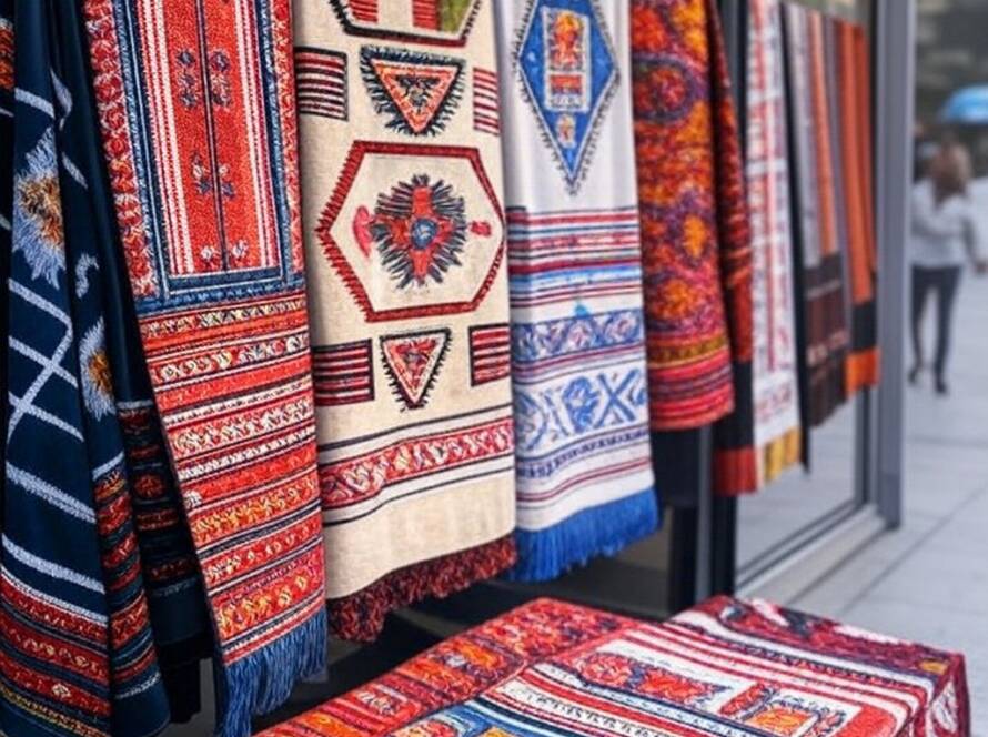 Tecidos e roupas da coleção Vicús inspirada na cultura peruana ancestral, em vitrine de loja em São Paulo.