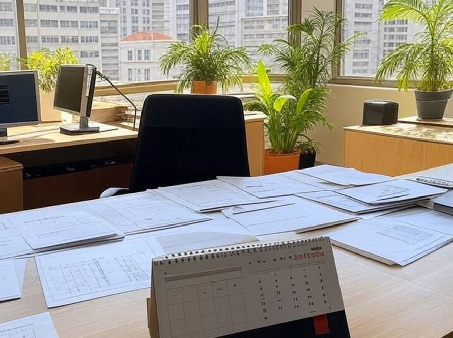 Escritório de arquitetura brasileiro com papéis de inscrição e calendário para AZ Awards 2026, prazo estendido até 27 de fevereiro.