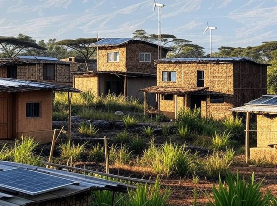 Vila off-grid sustentável para órfãos no Kilimanjaro, com casas ecológicas e montanha ao fundo.