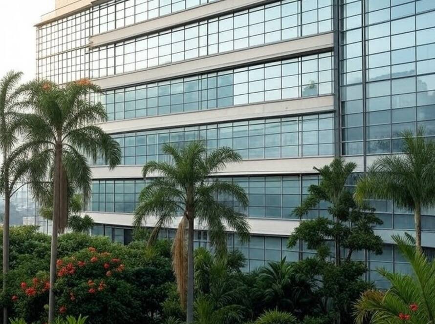 Centro técnico municipal moderno em cidade brasileira, com arquitetura sustentável e vegetação tropical.