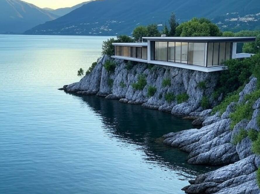 Casa moderna em península rochosa no Lago Como, com águas calmas e montanhas ao fundo.