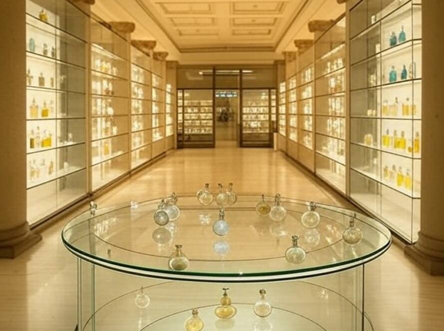 Interior de hall histórico em São Paulo reinventado como loja de perfumes contemporânea, com prateleiras de frascos e arquitetura preservada.