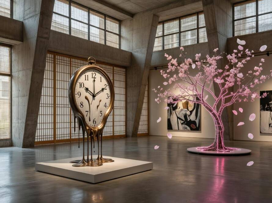 Galeria de arte em São Paulo exibindo instalações sobre tempo na arte japonesa, com elementos abstratos e culturais.