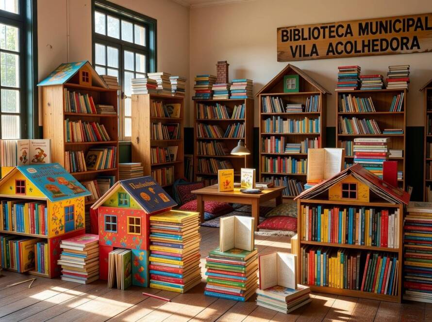 Sala de escola brasileira transformada em biblioteca-vila com livros formando vilarejos para incentivar leitura infantil.