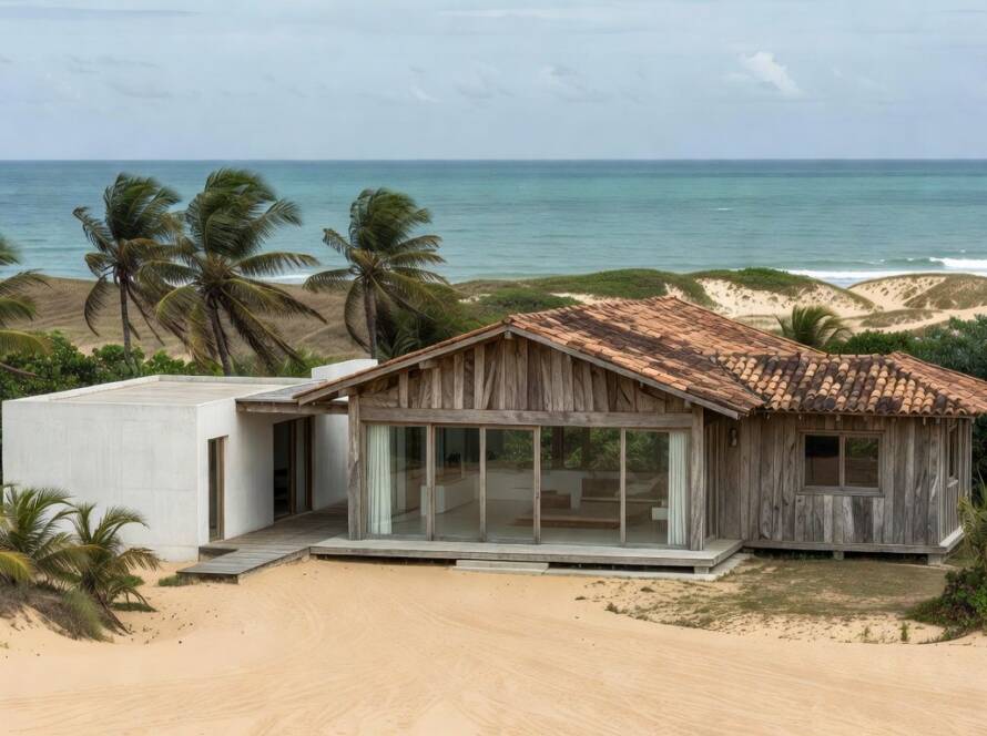 Casa de pescador de 1900 transformada em villa moderna na costa brasileira, com arquitetura rústica e contemporânea.